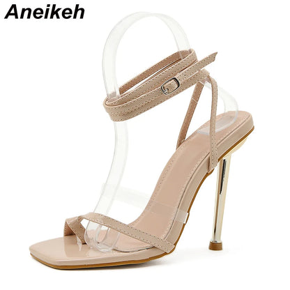 Aneikeh 2025 Summer New Sandals Women Shoes Transparent Color Matching Electroplating High Heel Toe Sandals Heels Party Pumps