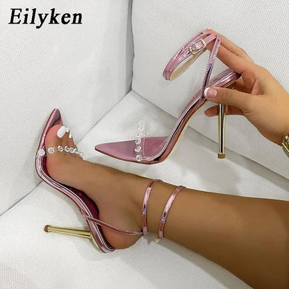Eilyken Crystal Sexy Women Sandals Metal High Heels Ankle Buckle Strap Gladiator