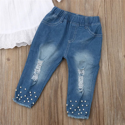1-6Years Kids Baby Girls Clothes Set Off Shoulder White Lace Tops Shirt Pearl Denim Long Pants Jeans