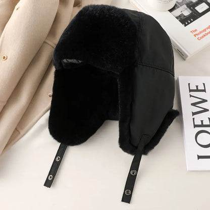 Fur Hat for Women Natural Rex Rabbit Fur Russian Ushanka Hats Winter Thick Warm Ears Fashion Bomber Cap