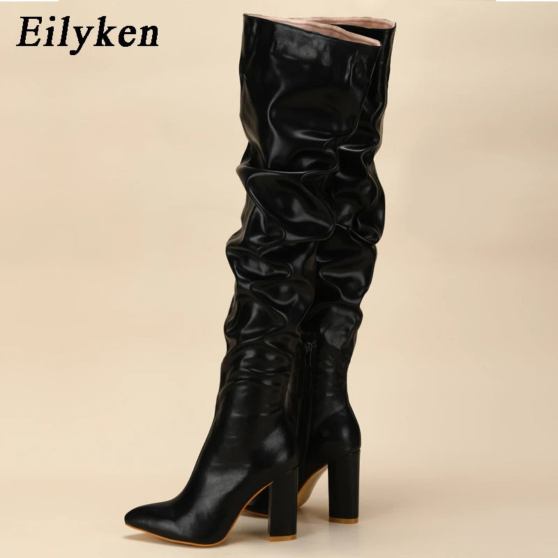 Winter Women Over-the-Knee Boots Punk Style Square High Heel Zipper Shoes