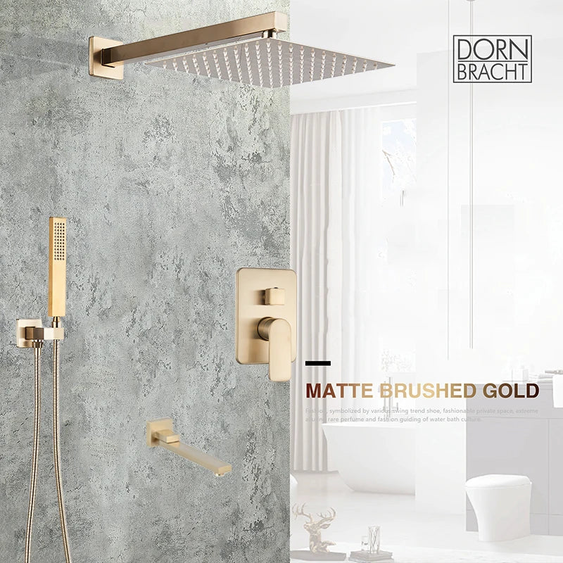 Wall Mounted Concealed Install Brushed Gold Shower Faucets Set Bathroom Shower System Shower Mixer Tap Rainfall