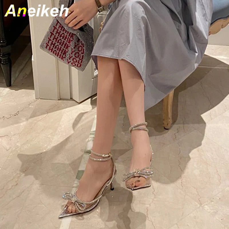 Aneikeh Spring/Autumn 2025 Women's Shoes Fashion Butterfly-Knot Narrow Band Bling Patchwork Cross-Tied Crystal Pointed Toe Pumps