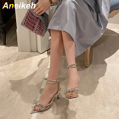Aneikeh Spring/Autumn 2025 Women's Shoes Fashion Butterfly-Knot Narrow Band Bling Patchwork Cross-Tied Crystal Pointed Toe Pumps