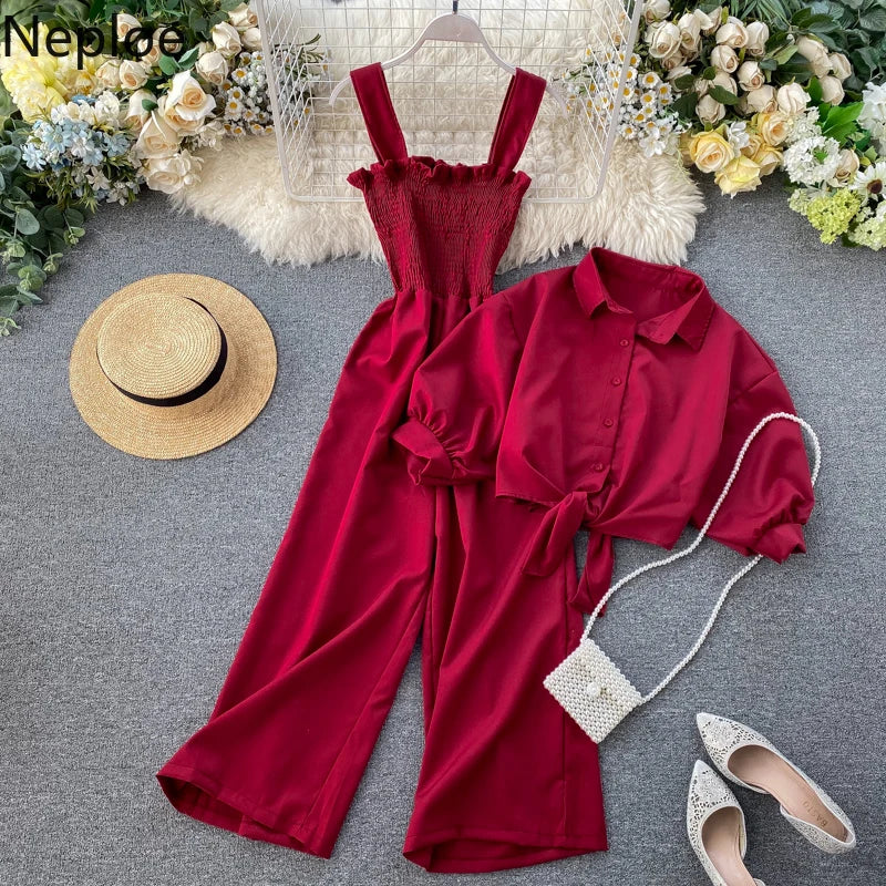 2 Pcs Sexy Slim Waist Pleat Design Wide Leg Jumpsuit Short Sleeve Shirt