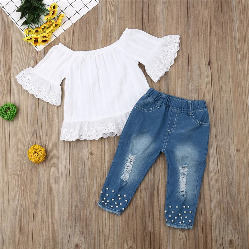 1-6Years Kids Baby Girls Clothes Set Off Shoulder White Lace Tops Shirt Pearl Denim Long Pants Jeans