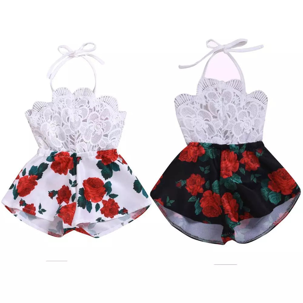 0-3Y Infant Romper Sleeveless Belt Lace Flowers Print Jumpsuit