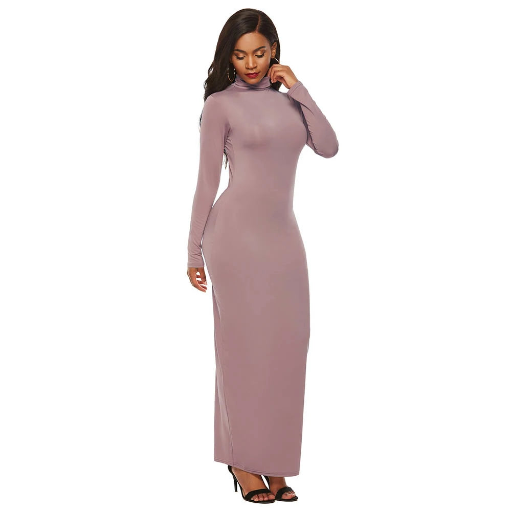Plus Size Women Long Sleeve Turtleneck Bodycon Maxi Dress