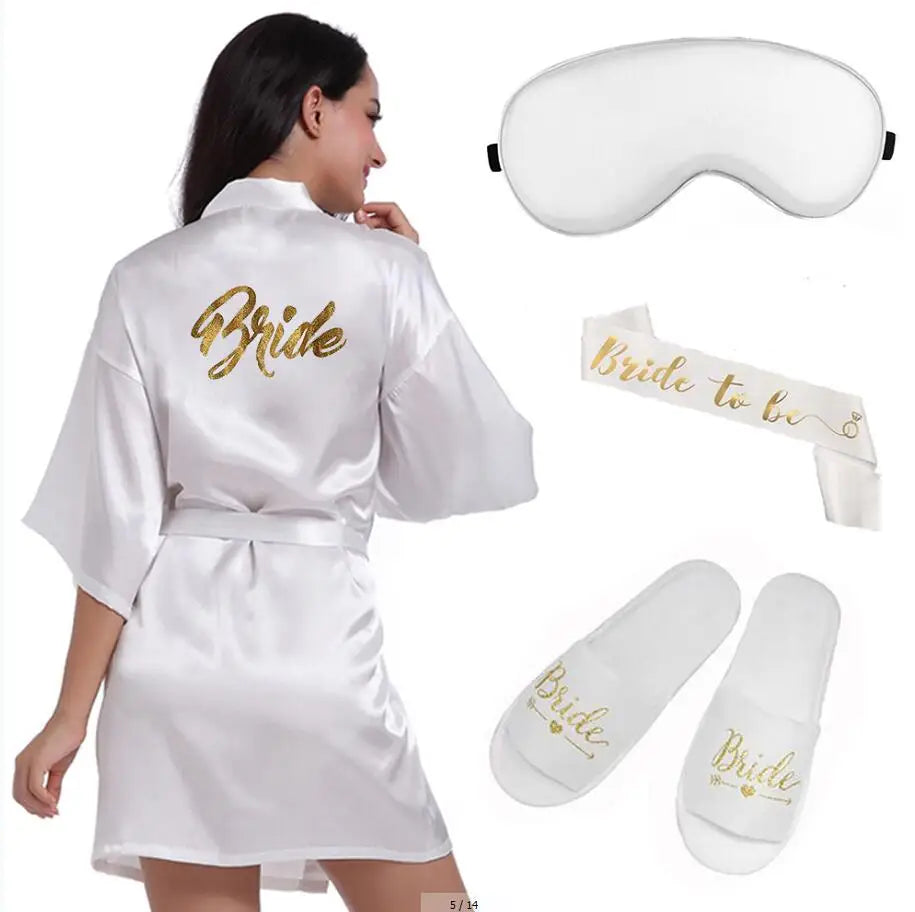 4pc set of glitter gold bride satin short bride robe slippers bridal sash peignoir women Bridal Party 2019 kimono robe