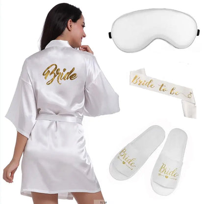 4pc set of glitter gold bride satin short bride robe slippers bridal sash peignoir women Bridal Party 2019 kimono robe