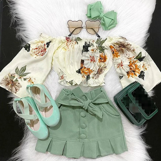 1-6Y Kids Girls Autumn Clothes Sets Floral Off Shoulder Long Sleeve Tops + Buttons Mini Skirts Children Casual Outfits