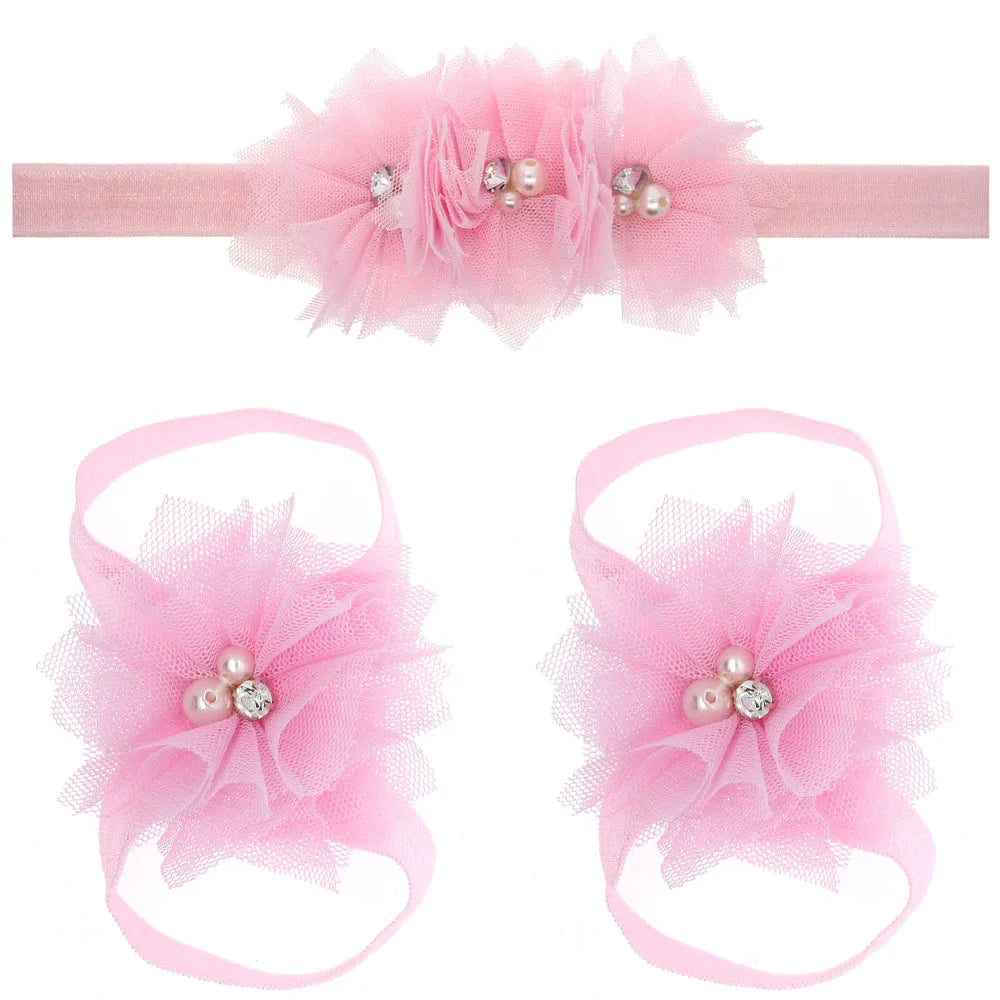 3Pcs/Set Hair Bandage Foot Band Headband Ribbon FlowerTurban Children Newborn Kids Headwear Baby Girl Accessory Soft Photo Props