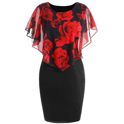 Elegant Rose Flower Print Cape Mesh Bodycon Knee Length Dresses