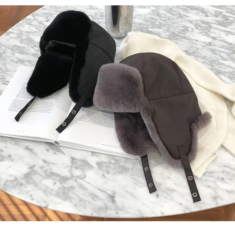 Fur Hat for Women Natural Rex Rabbit Fur Russian Ushanka Hats Winter Thick Warm Ears Fashion Bomber Cap