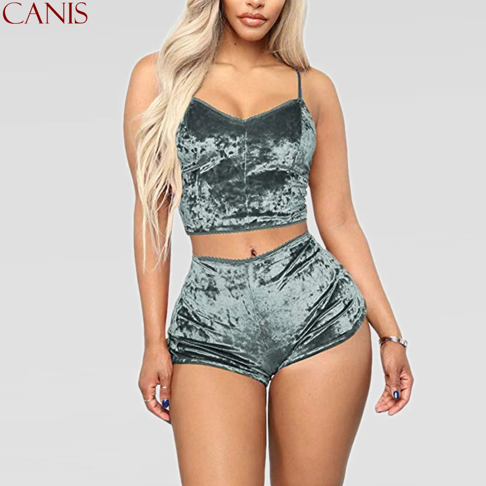 Women 2 piece set Velvet Sleepwear Sexy Spaghetti Strap Shorts Pajama Set Ladies Sleepwear Female Pajama Party Two Piece Set hot