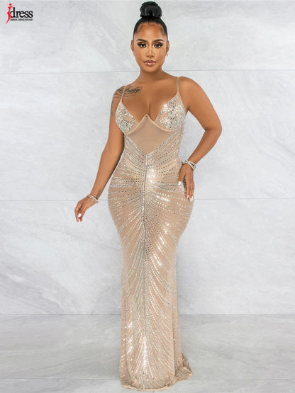 Sexy Sparkle Mesh Sheer Rhinestones Maxi Dress
