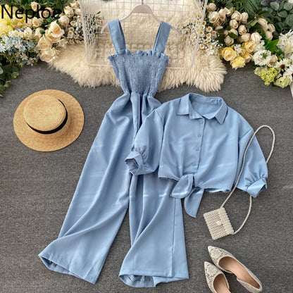 2 Pcs Sexy Slim Waist Pleat Design Wide Leg Jumpsuit Short Sleeve Shirt