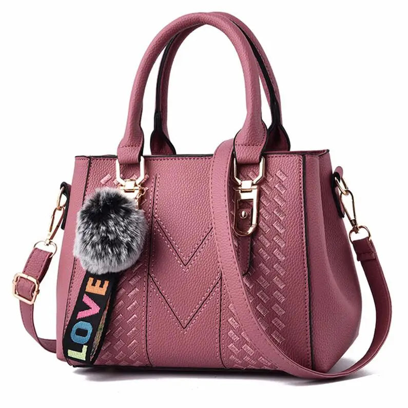 Embroidery Leather Handbags Bags for Women Sac a Main Ladies hair ball Hand Bag