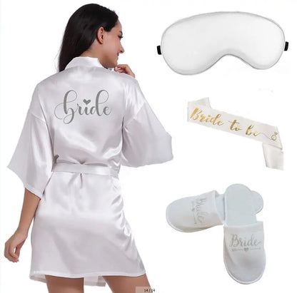 4pc set of glitter gold bride satin short bride robe slippers bridal sash peignoir women Bridal Party 2019 kimono robe