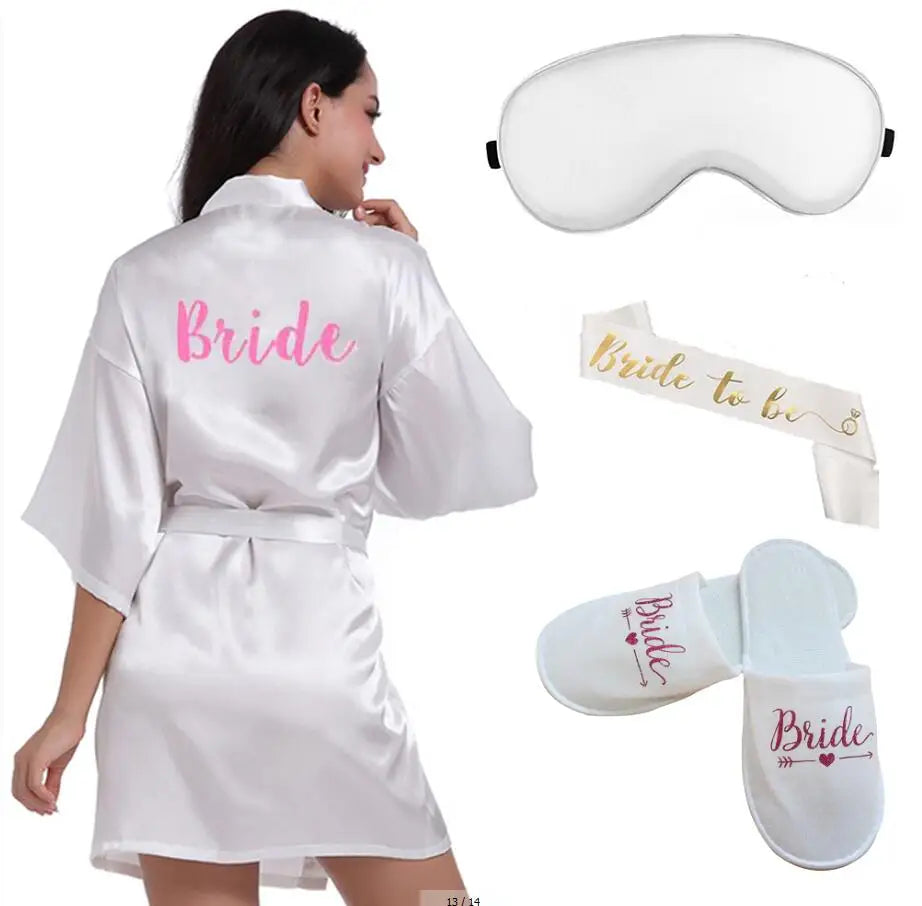 4pc set of glitter gold bride satin short bride robe slippers bridal sash peignoir women Bridal Party 2019 kimono robe