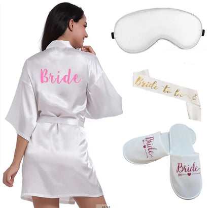 4pc set of glitter gold bride satin short bride robe slippers bridal sash peignoir women Bridal Party 2019 kimono robe
