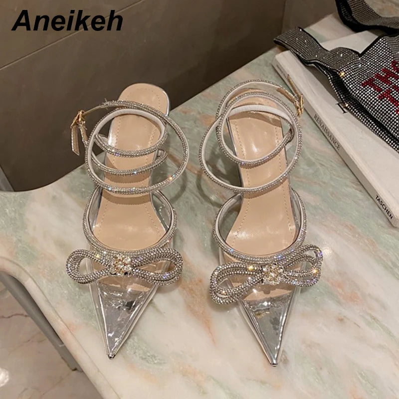 Aneikeh Spring/Autumn 2025 Women's Shoes Fashion Butterfly-Knot Narrow Band Bling Patchwork Cross-Tied Crystal Pointed Toe Pumps