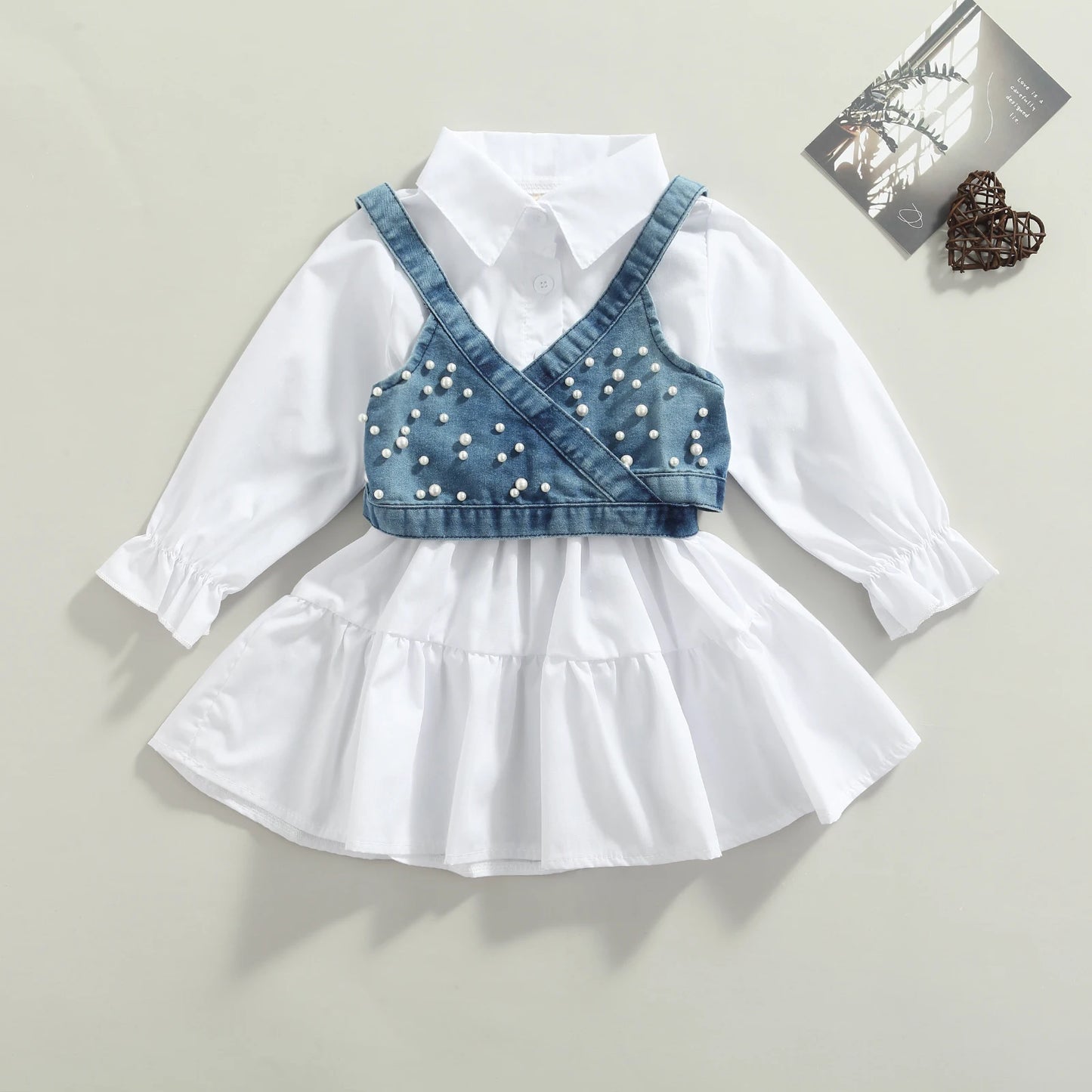 Children Baby Girl Clothes Solid Color Long Sleeve Shirt Dress Denim Beading Vest 2Pcs Outfits Clothes