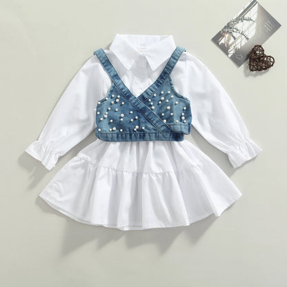Children Baby Girl Clothes Solid Color Long Sleeve Shirt Dress Denim Beading Vest 2Pcs Outfits Clothes