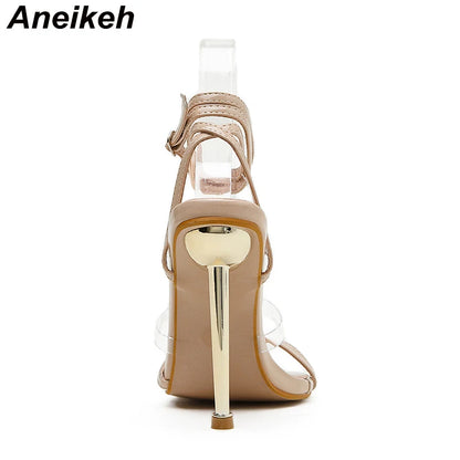 Aneikeh 2025 Summer New Sandals Women Shoes Transparent Color Matching Electroplating High Heel Toe Sandals Heels Party Pumps