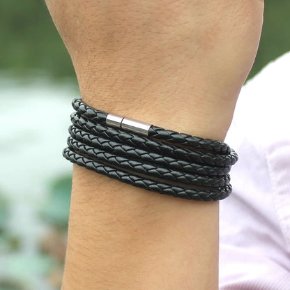 Brand black retro Wrap Long leather bracelet men
