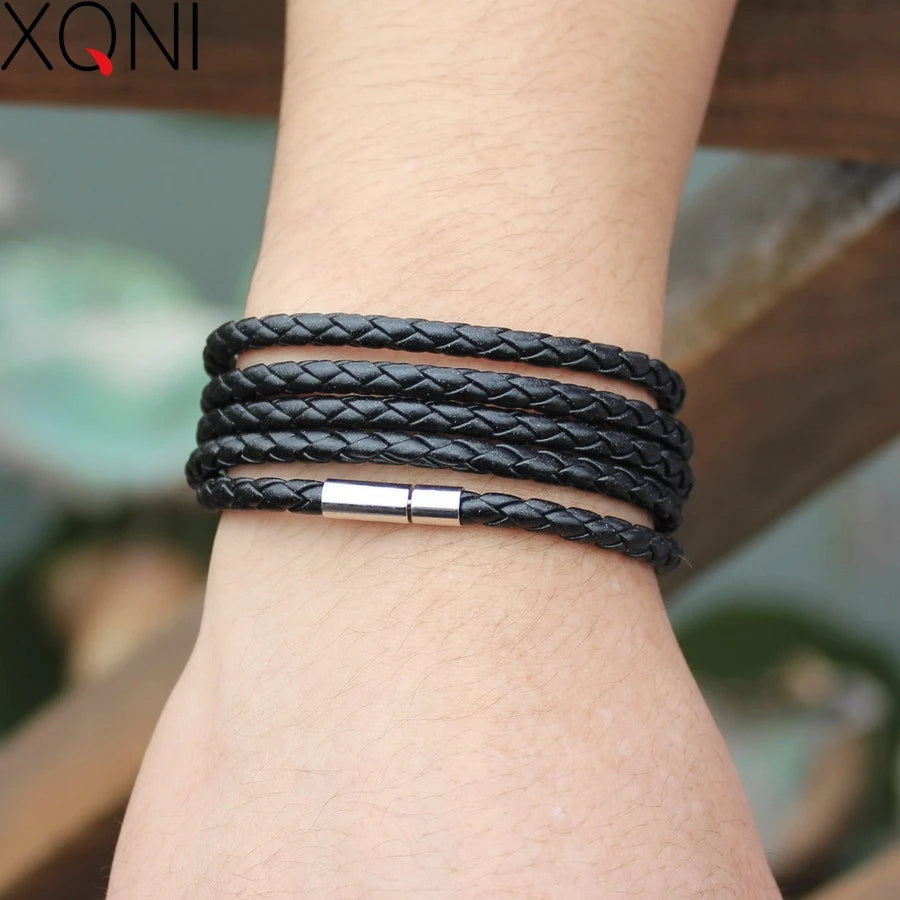 Brand black retro Wrap Long leather bracelet men