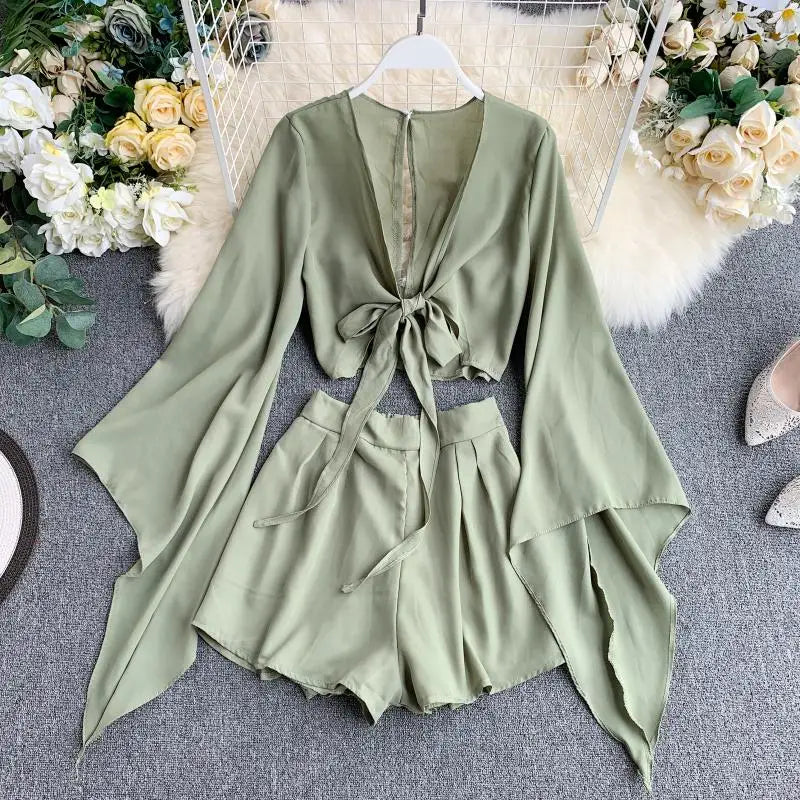 2 Piece Flare Sleeve Crop Top + Broad-legged Shorts Chiffon Suit Set