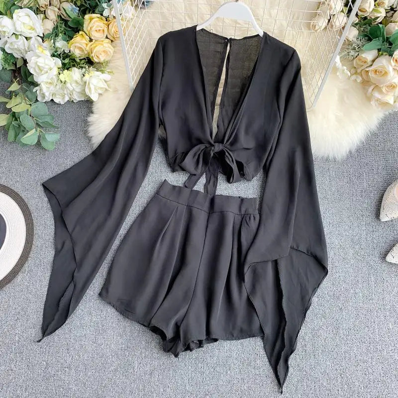 2 Piece Flare Sleeve Crop Top + Broad-legged Shorts Chiffon Suit Set