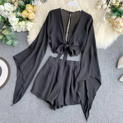 2 Piece Flare Sleeve Crop Top + Broad-legged Shorts Chiffon Suit Set