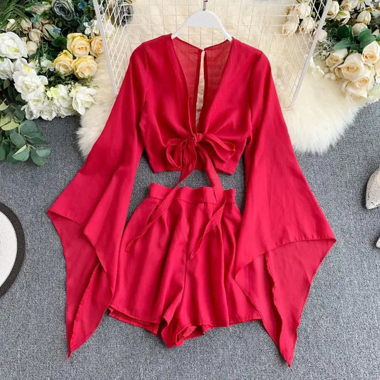 2 Piece Flare Sleeve Crop Top + Broad-legged Shorts Chiffon Suit Set
