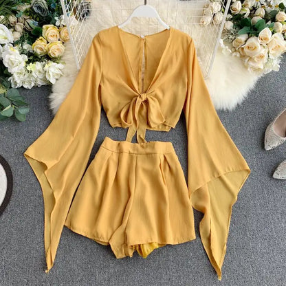 2 Piece Flare Sleeve Crop Top + Broad-legged Shorts Chiffon Suit Set