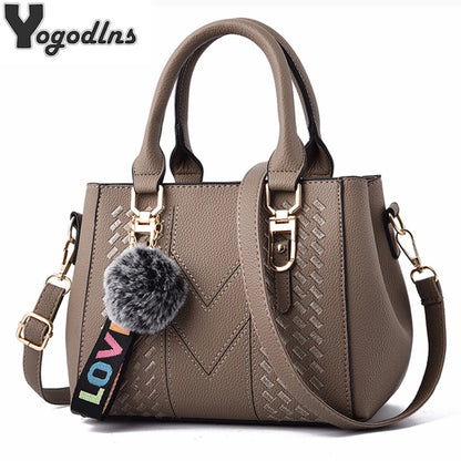 Embroidery Leather Handbags Bags for Women Sac a Main Ladies hair ball Hand Bag
