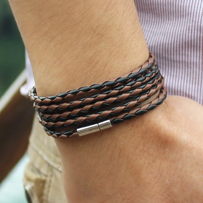 Brand black retro Wrap Long leather bracelet men