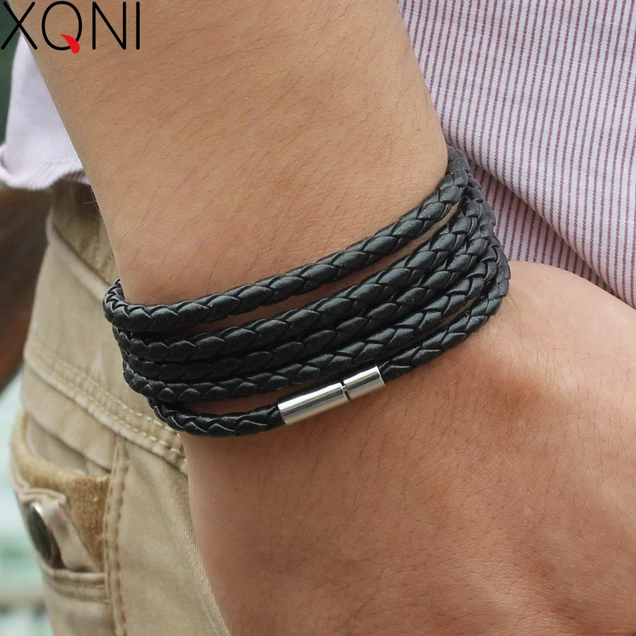 Brand black retro Wrap Long leather bracelet men