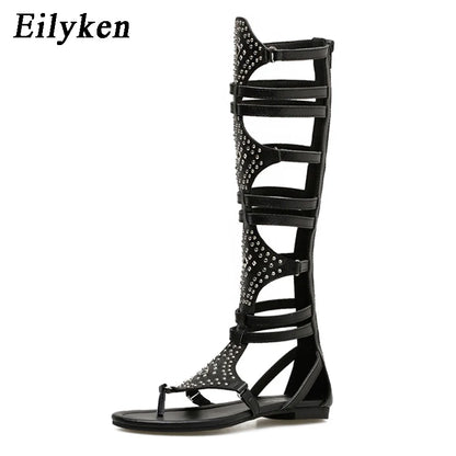 2025 New Golden Gladiator Roman Women Boots Sandals PU Leather Open Toe Knee High Flat Shoes