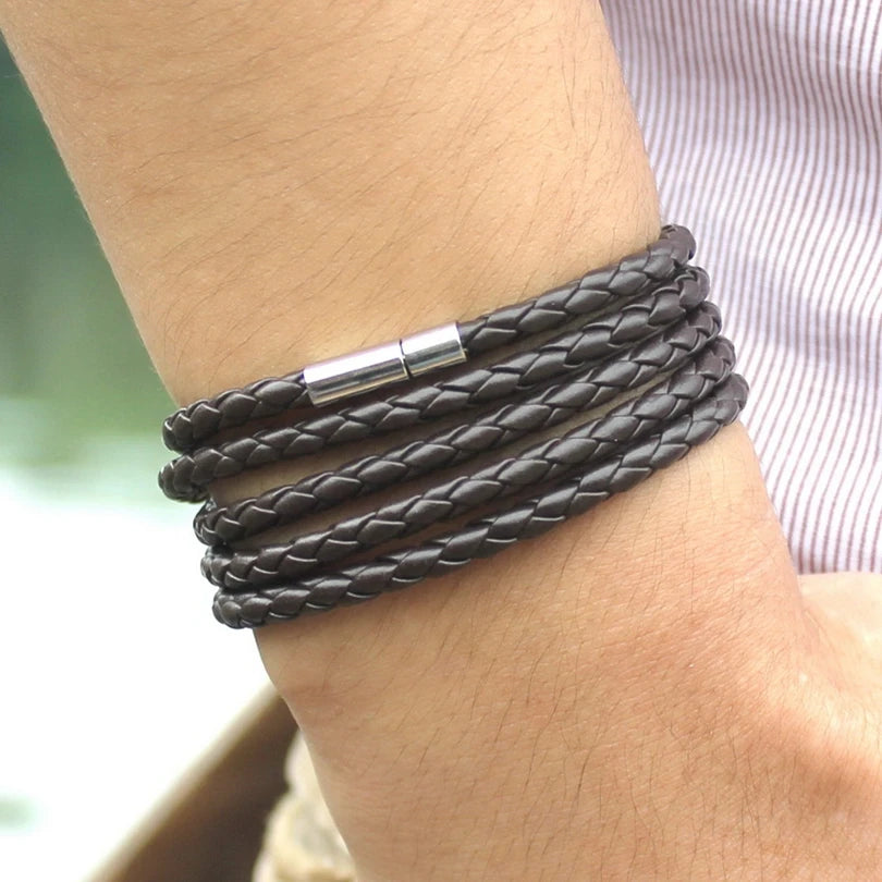 Brand black retro Wrap Long leather bracelet men
