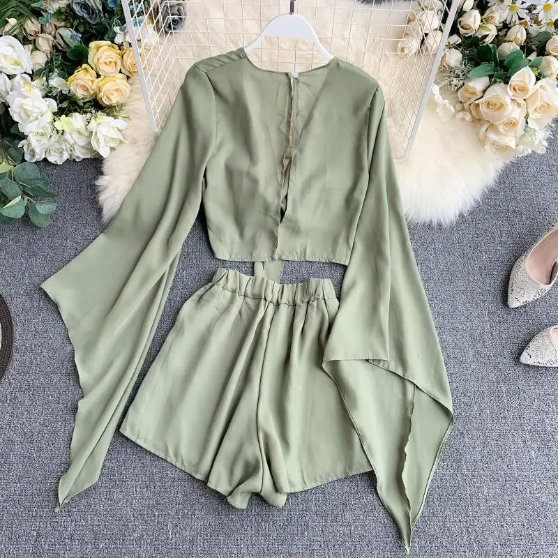 2 Piece Flare Sleeve Crop Top + Broad-legged Shorts Chiffon Suit Set