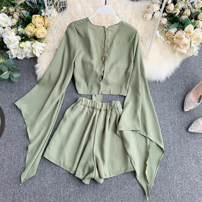2 Piece Flare Sleeve Crop Top + Broad-legged Shorts Chiffon Suit Set