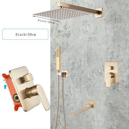 Wall Mounted Concealed Install Brushed Gold Shower Faucets Set Bathroom Shower System Shower Mixer Tap Rainfall