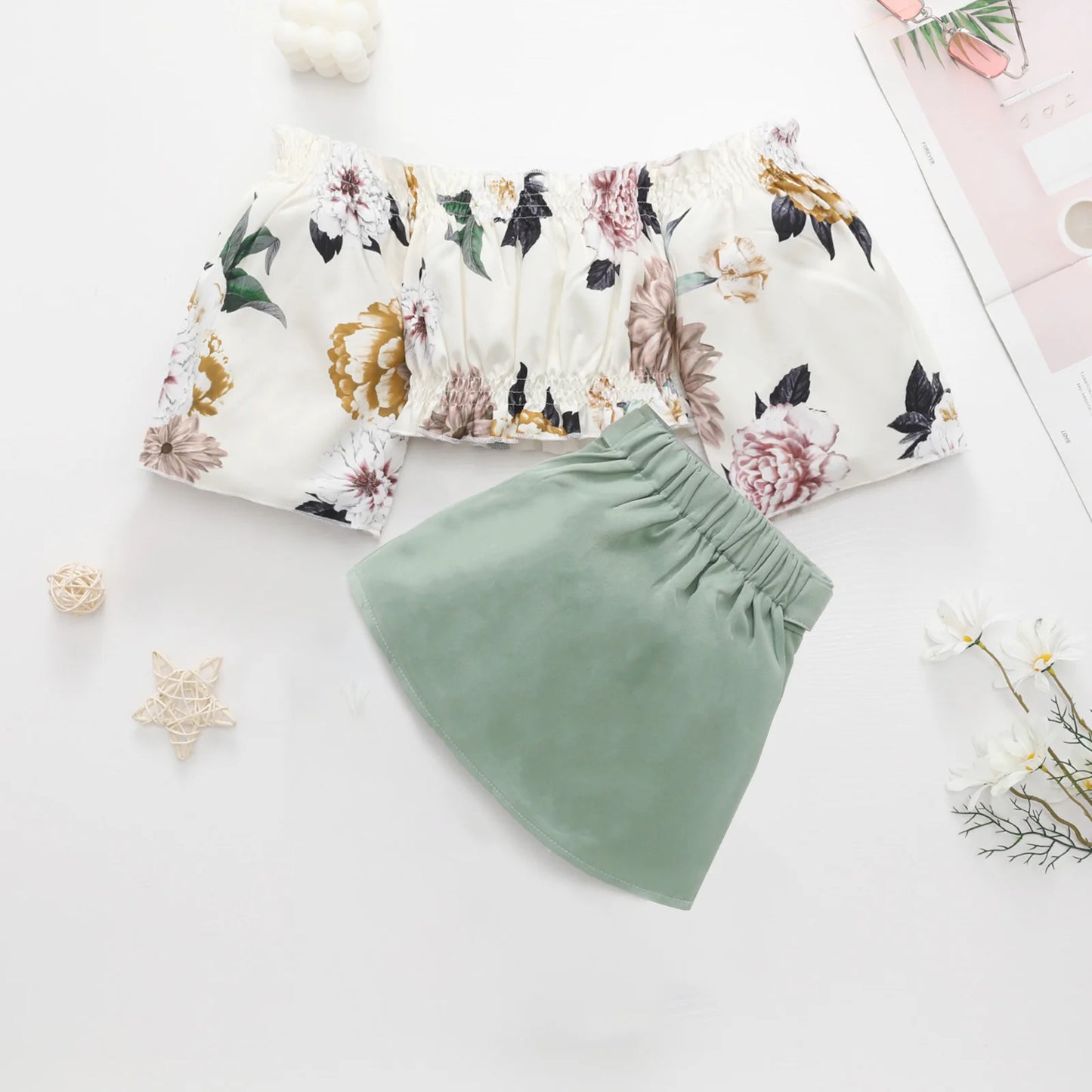 1-6Y Kids Girls Autumn Clothes Sets Floral Off Shoulder Long Sleeve Tops + Buttons Mini Skirts Children Casual Outfits