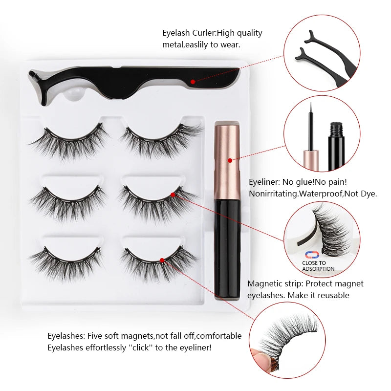 New 1/3Pairs Magnetic Eyelashes False Lashes Repeated Use Eyelashes Waterproof Liquid Eyeliner With Tweezer Make Up Sets Hotting