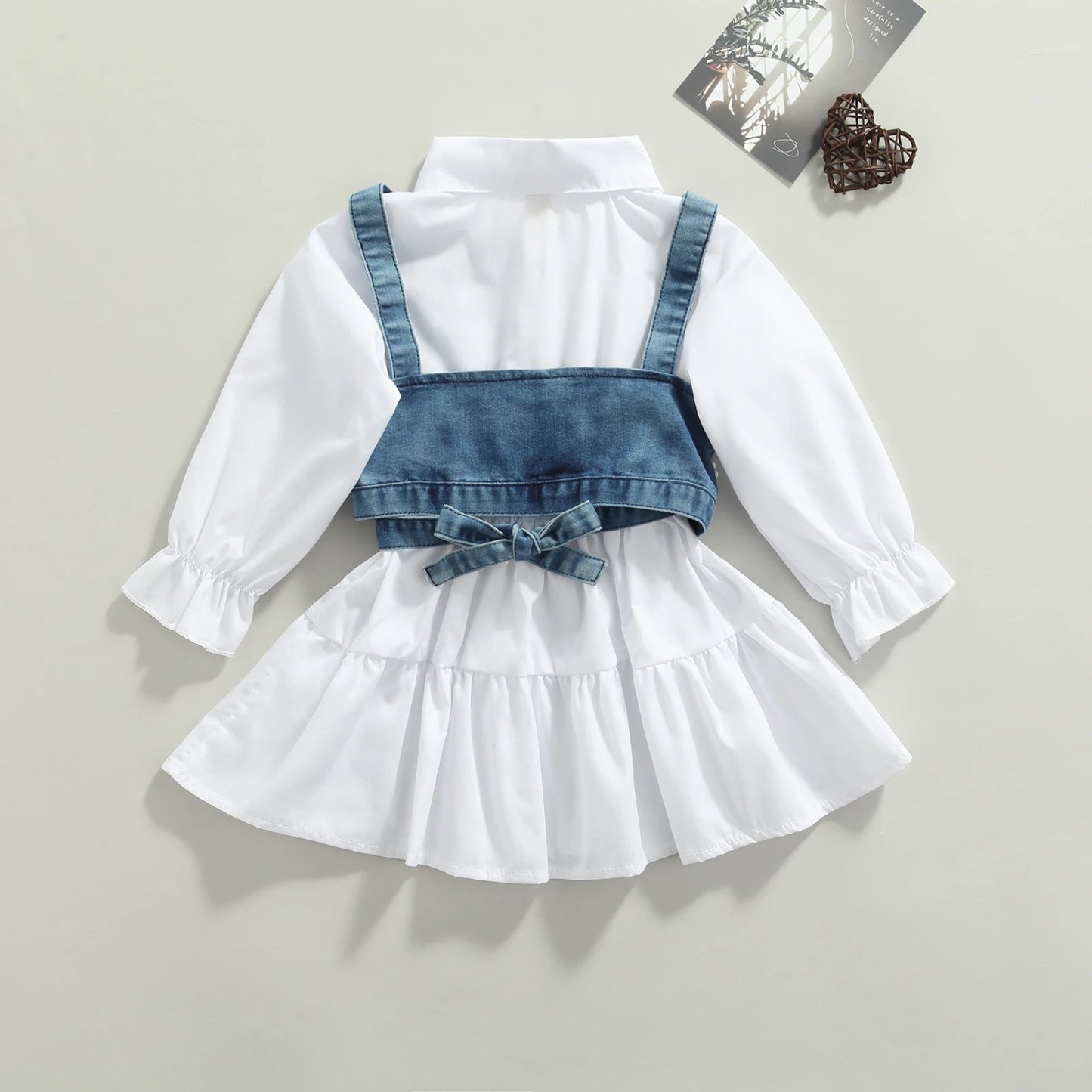 Children Baby Girl Clothes Solid Color Long Sleeve Shirt Dress Denim Beading Vest 2Pcs Outfits Clothes