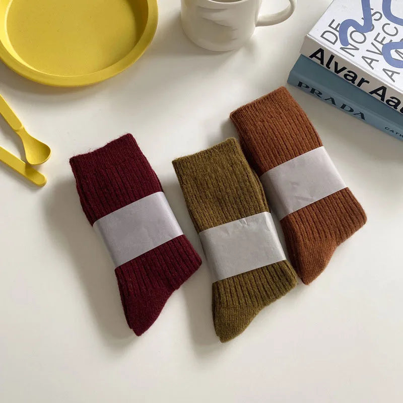 Thicken Warm Merino Wool Classic Solid Colors Rib Socks