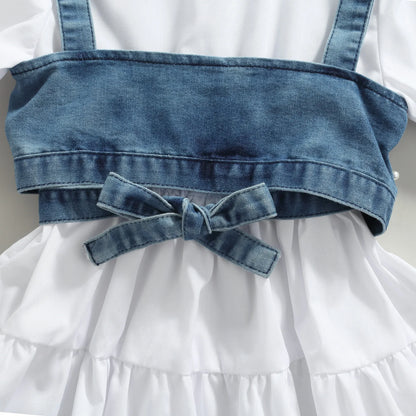 Children Baby Girl Clothes Solid Color Long Sleeve Shirt Dress Denim Beading Vest 2Pcs Outfits Clothes