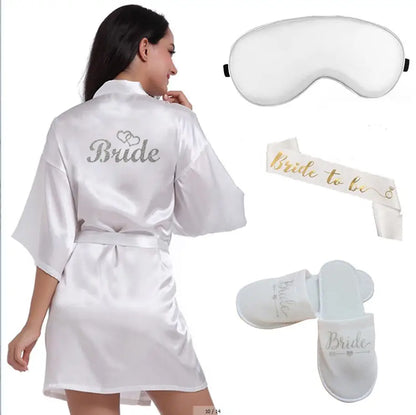 4pc set of glitter gold bride satin short bride robe slippers bridal sash peignoir women Bridal Party 2019 kimono robe